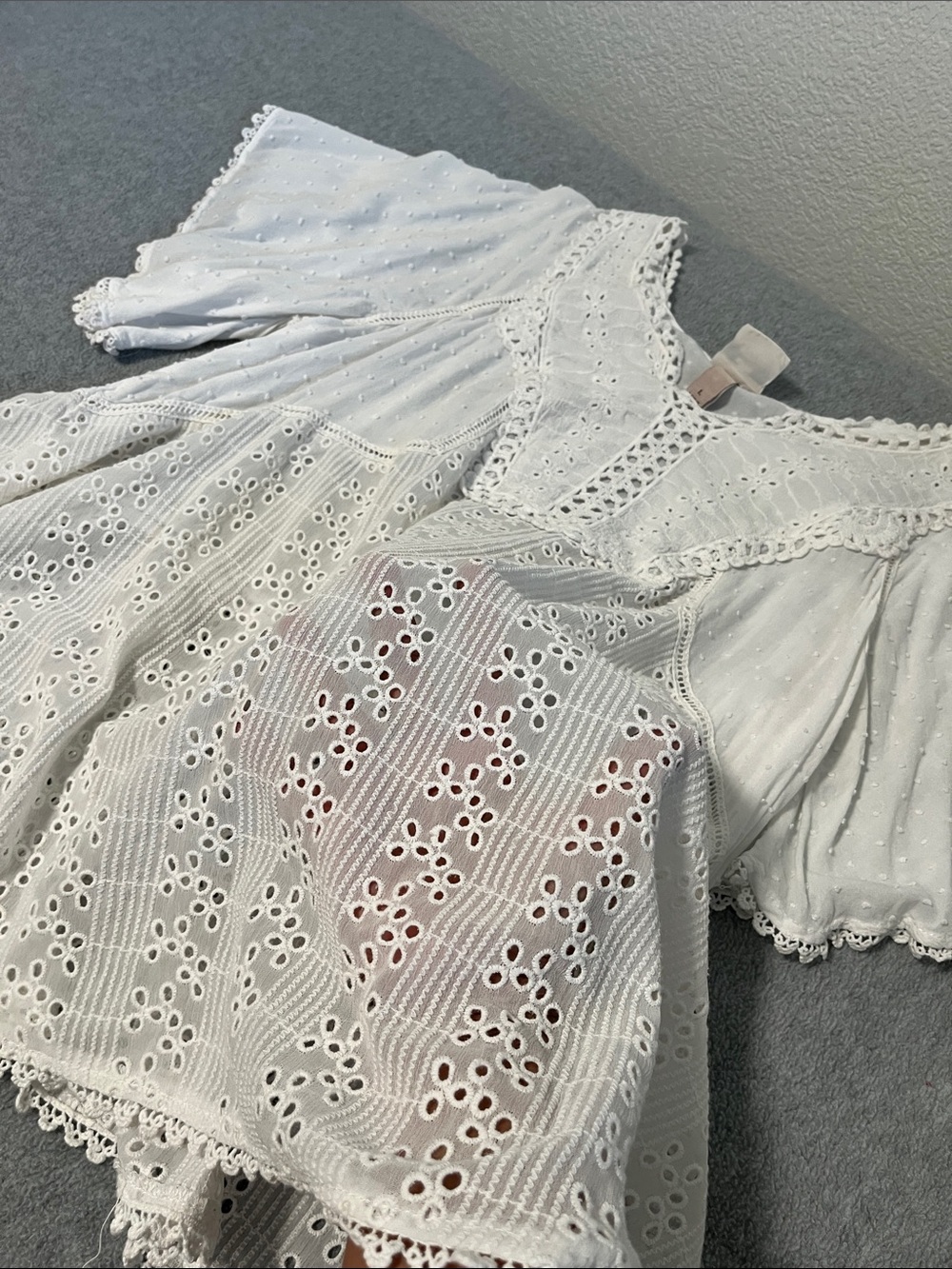 Boho White Eyelet Top Large Sheer Flowy Coastal Cottage Beachie - Picture 9 of 11